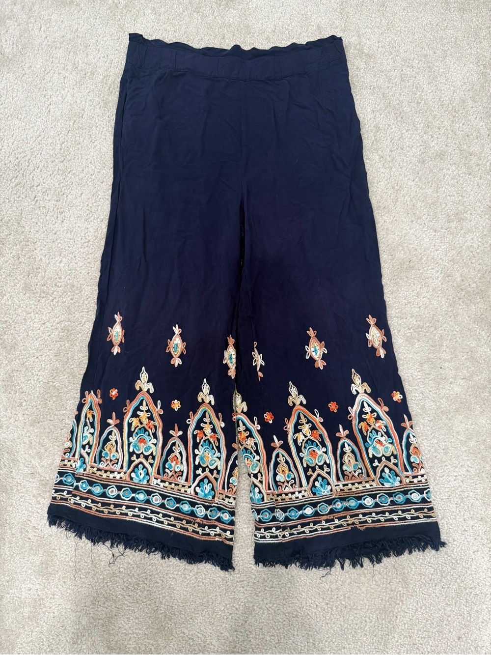 Cato Women’s Navy Blue Wide-Leg Boho Embroidered Pants XL with Fringe